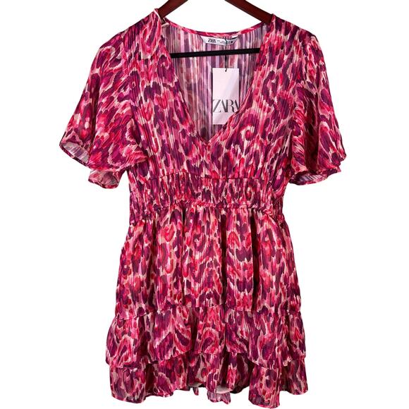 Zara Dresses & Skirts - Zara Women's Dress Large Flounce Hem Elastic Waist Metallic Thread Printed Mini